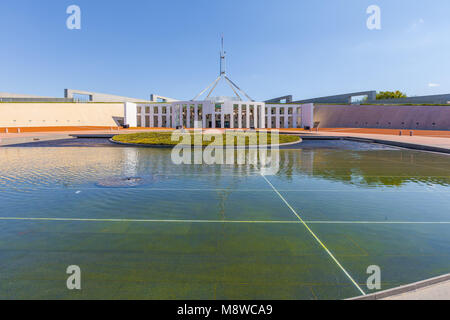 Canberra, Australia - March 11, 2018: Entrance to the Parliament House with fountain Stock Photo