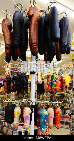 Phallic bottle openers sold in a souvenier shop on Pandrossou street in Athens. Stock Photo