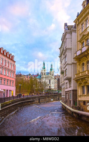 embankment of Tepla river in the center of Karlovy Vary, Czech republic Stock Photo