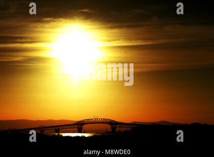 Sunset over Auckland Harbour Bridge Auckland North Island New Zealand ...