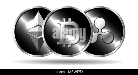 Ethereum, Bitcoin and Ripple physical coins. 3D effect. Creative vector illustration. Cryptocurrency modern image. Stock Photo