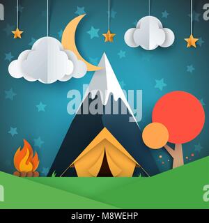 Cartoon paper landscape. Tree, mountain, fire, tent, moon, cloud star illustration. Stock Vector