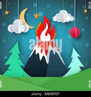 Volcano illustration. Cartoon paper landscape. Stock Vector
