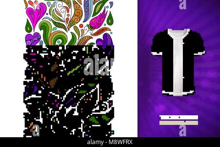 Seamless floral pattern on t-shirt mockup. Seamless border with hand draw fantasy flowers. Bright colorful doodle pattern Stock Vector