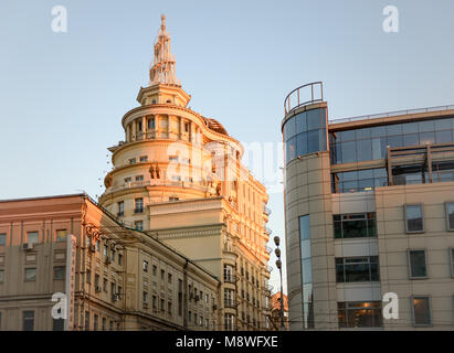 Buildings on corner of Bolshaya Sadovaya and Malaya Bronnaya streets with Business-center Bronnaya Plaza and The residential complex Patriarch on Ermo Stock Photo