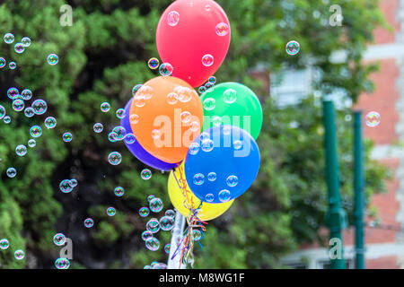 colorful soap bubbles and balloons with ribbons of rainbow color on a blurred background of green trees and bushes in the city during the day Stock Photo