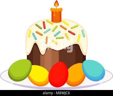 Traditional easter cake candle eggs on plate icon Stock Vector