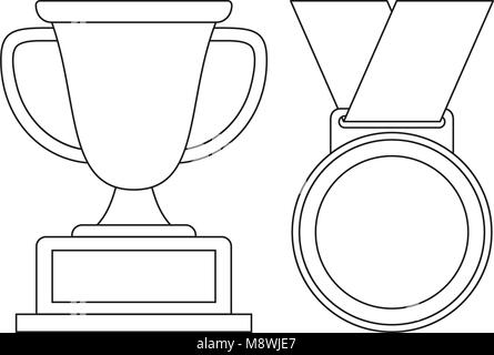 Line art black and white winner cup medal icon set Stock Vector