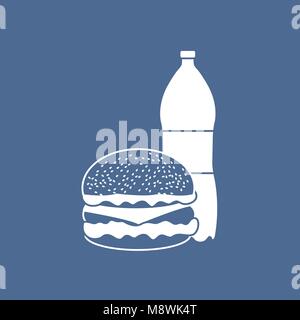 Burger and bottle of soda water. Harmful eating habits. Design for banner and print. Stock Vector