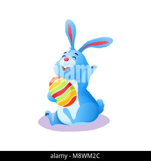 Cute smiling cartoon Easter rabbit sitting with paschal painted chocolate egg isolated on white background. Flat happy easter Bunny. Decoration for holiday greeting card. Colorful vector illustration. Stock Vector