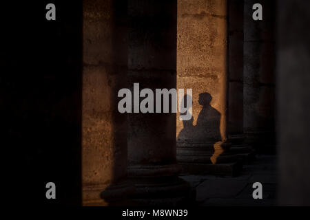 Shadows of the hugging newlyweds on the column of the old castle during the sunset. Stock Photo