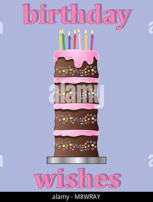 a vector illustration in eps 10 format of a birthday greeting card design with multi layered chocolate cake decorated with pink frosting Stock Vector