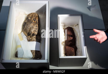 20 March 2018, Germany, Munich: Two Olmec artefacts in a protective boxes on a table during a press conference by the Bavarian State Archaeological Collection. Two Olmec artefacts around 3,000 years old have been handed over to the Mexican government. The artefacts had been taken out of Mexico illegally. Photo: Lino Mirgeler/dpa Stock Photo