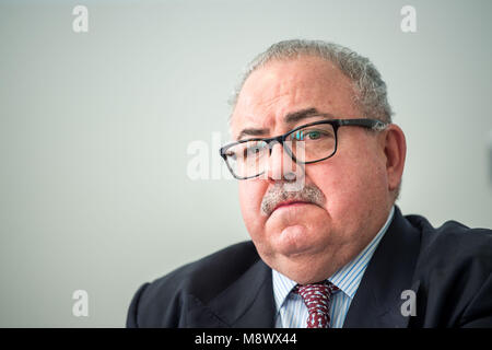 20 March 2018, Germany, Munich: Rogelio Granguillhome, ambassador of the Mexican governemt, pictured during a press conference by the Bavarian State Archaeological Collection on the transfer of two Olmec artefacts. Two Olmec artefacts around 3,000 years old have been handed over to the Mexican government. The artefacts had been taken out of Mexico illegally. Photo: Lino Mirgeler/dpa Stock Photo