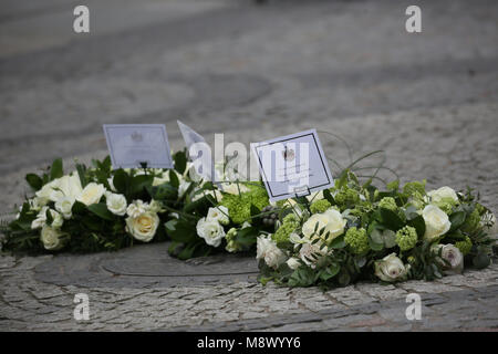 Warrington, UK. 20th Mar, 2018. Flowers layed at the 25th anniversary memorial of the IRA bomb which killed Jonathan Ball and Tim Parry in Warrington, 20th March, 2018 (C)Barbara Cook/Alamy Live News Stock Photo