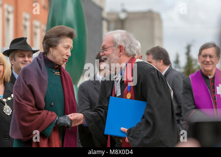 Warrington, UK. 20th Mar, 2018. HRH Princess Anne attends 25 year anniversary of IRA bomb, Warrington.Her Royal Highness Princess Anne, The Princess Royal shakes hands with The Rev Stephen Kingsnorth M A, former Minister of Warrington Borough and Town Centre Clergyman on Tuesday 20 March 2018 Credit: John Hopkins/Alamy Live News Stock Photo