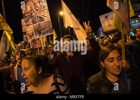 20 March 2018, Greece, Athens: Kurds take part in a demonstration against the Turkish offensive in northern Syria. Photo: Angelos Tzortzinis/dpa Stock Photo