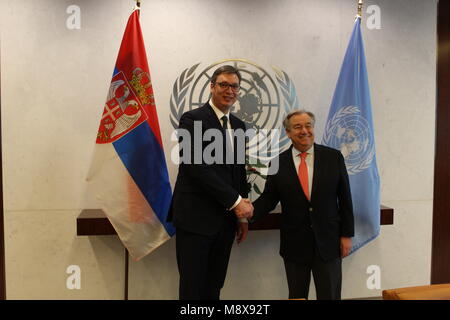 UN, New York, USA. 21st March, 2018. UN Sec-Gen Antonio Guterres met with Serbia's President Aleksandar Vucic, on UN's 38th floor on a snowy day. Photo: Matthew Russell Lee / Inner City Press Stock Photo