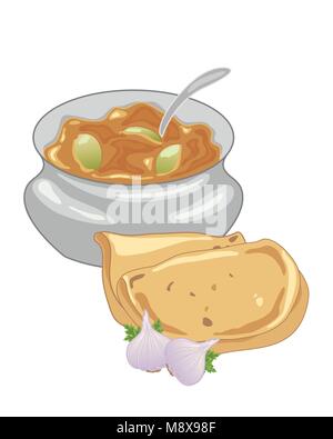 a vector illustration in eps 10 format of a bowl of traditional Indian lime pickle in a metal bowl with two roti and garlic bulb on a white background Stock Vector