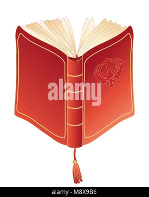 a vector illustration in eps 10 format of a red prayer book with open pages golden trim and book mark on a white background Stock Vector