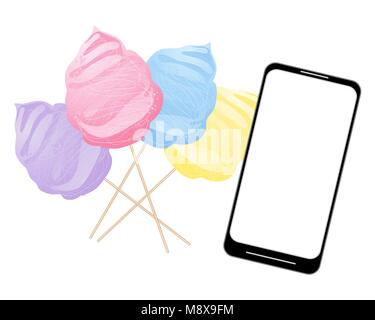 a vector illustration in eps 10 format of some colorful cotton candy with a smart phone for ordering on a white background Stock Vector