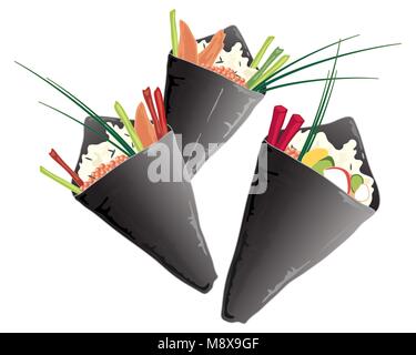 a vector illustration in eps 10 format of a variety of sushi cones with wild rice salmon vegetables and chives on a white background Stock Vector