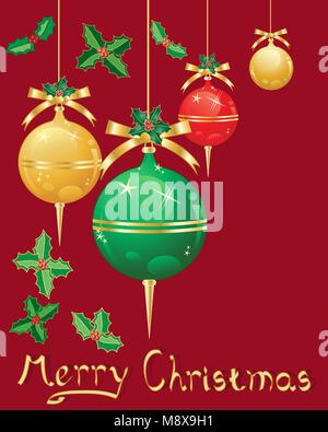 a vector illustration in eps 10 format of Christmas decorations in metallic red gold and green with ribbon and holly on a dark red background Stock Vector