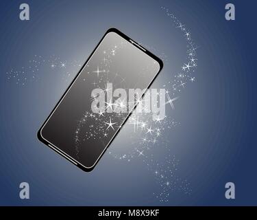 a vector illustration in eps 10 format of a magic smartphone with white sparkles on an inky blue background Stock Vector