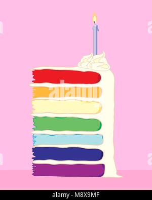 a vector illustration in eps 10 format of a slice of birthday cake made in rainbow colors with creamy frosting and a lighted candle Stock Vector