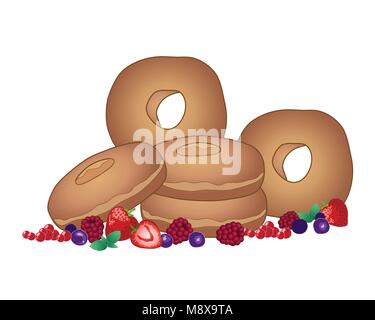 a vector illustration in eps 10 format of a pile of plain doughnuts with a mixture of fresh fruits on a white background Stock Vector