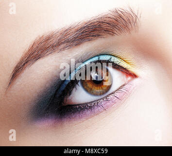 Closeup macro shot of  human female eye. Woman with natural evening vogue face beauty makeup. Girl with perfect skin and lilac - blue - yellow eyes sh Stock Photo
