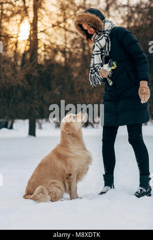 Image of female with labrador in winter park for walk