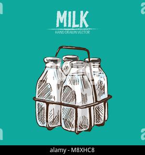Digital vector detailed line art milk in glass bottles with holder hand drawn retro illustration collection set. Thin artistic pencil outline. Vintage Stock Vector