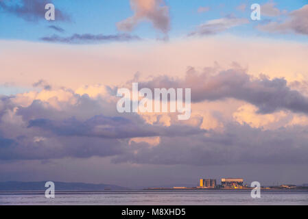 Clouds over the nuclear power stations at Heysham, Lancashire, in evening light Stock Photo