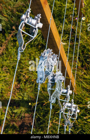 Tension devices on wire fence on a dairy farm inland from Kerikeri, North Island, New Zealand Stock Photo