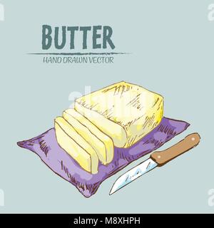 Digital vector detailed line art butter slices with knife hand drawn retro illustration collection set. Thin artistic pencil outline. Vintage ink flat Stock Vector