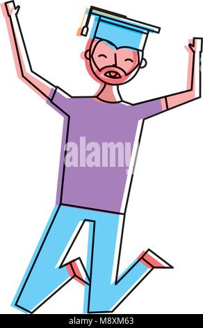 happy jumping student man hat graduate Stock Vector