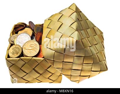 Coins of the different countries is in a wattled box, isolated on white background Stock Photo