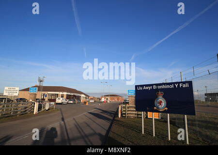 A sign at the entrance to RAF Valley in north Wales, where a Red Arrows jet crashed following an incident. Stock Photo