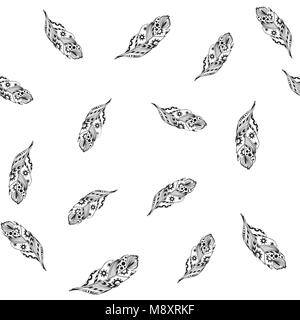 Seamless background vintage carved feathers. Pattern. White feathers on a colored background Stock Vector