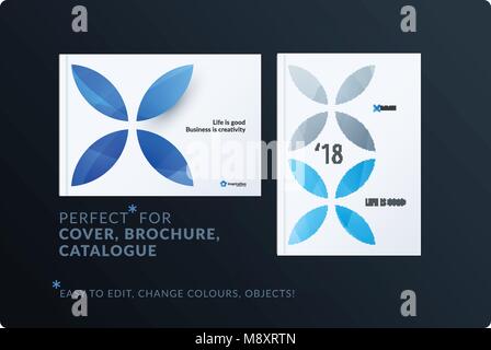 Creative design of brochure set, abstract annual report, horizontal cover, flyer in A4 with blue colourful circle segments, flower shape for ecology,  Stock Vector