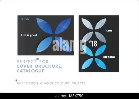 Creative design of business brochure set, abstract horizontal cover layout, flyer in A4 with blue colourful circle segments, flower shape for eco, mot Stock Vector
