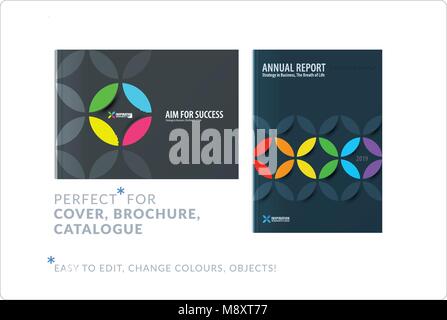 Creative design of business brochure set, abstract horizontal cover layout, flyer in A4 with colourful circle segments, flower shape for eco, motion d Stock Vector