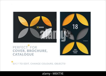 Business set of design brochure, abstract annual report, horizontal cover flyer in A4 with yellow colourful circle segments, flower shape for promotio Stock Vector