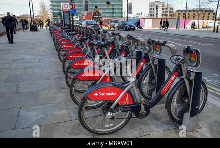 A row of Santander cycles at Kings Cross, London Stock Photo