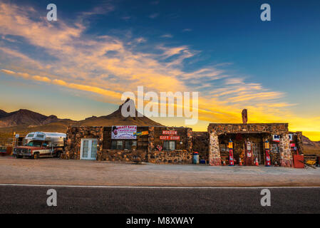 Sunrise at a rebuilt gas station on Route 66 in Arizona