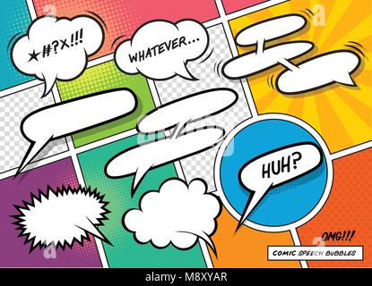 A collection of fun cartoon speech bubbles on a colourful background. Vector illustration Stock Vector