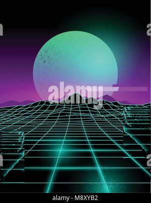Futuristic neon grid lines and mountain landscape with a neon sun in purple and green. Glitch background vector illustration. Stock Vector