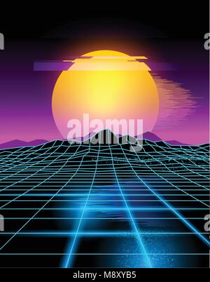Futuristic neon grid lines and mountain landscape with a neon sun in pink and yellow. Glitch background vector illustration. Stock Vector
