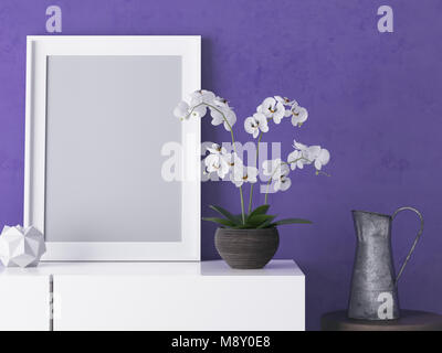 Mock-up poster frame in decorated interior background. 3D Illustration Stock Photo